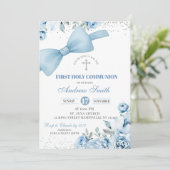Bow Blue Coquette Erste Heilige Kommune Einladung (Stehend Vorderseite)