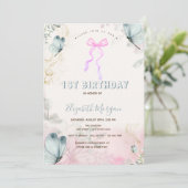 Bow Blume Blaue Schmetterlinge gestreift Geburtsta Einladung (Stehend Vorderseite)