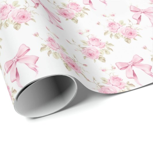 Bow Blush Pink Floral Baby Dusche Geschenkpapier (Rolleneckpunkt)