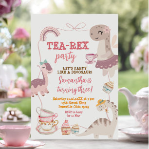 Bow Border Dinosaur Tea-Rex 3. Mädchen Geburtstag Einladung