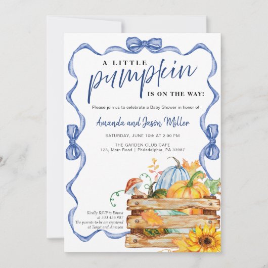 Bow Boy Fall Baby Dusche Blumen und Pumpkins Save The Date (Vorderseite)