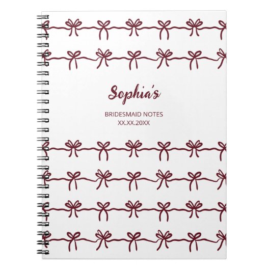 Bow Bridesmaid Modern Burgund Drehbuch Datum Notizblock (Vorderseite)
