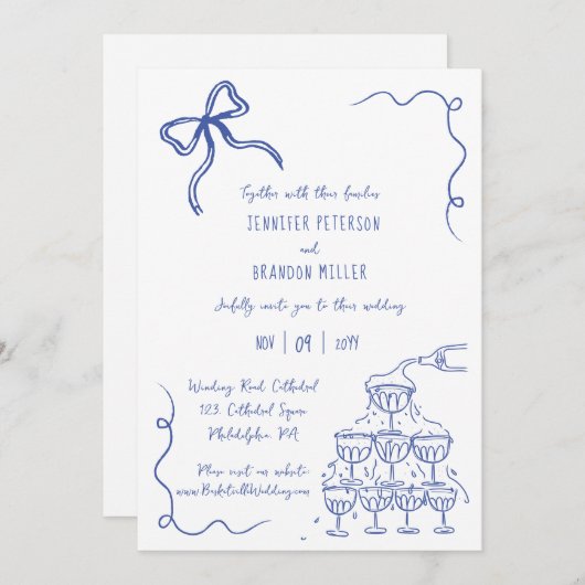 Bow Champagne Turm quirky Hochzeit blau Einladung (Vorne/Hinten)