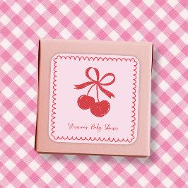 Bow Cherry Pink & Red Hand Drawn Baby Girl Dusche Quadratischer Aufkleber