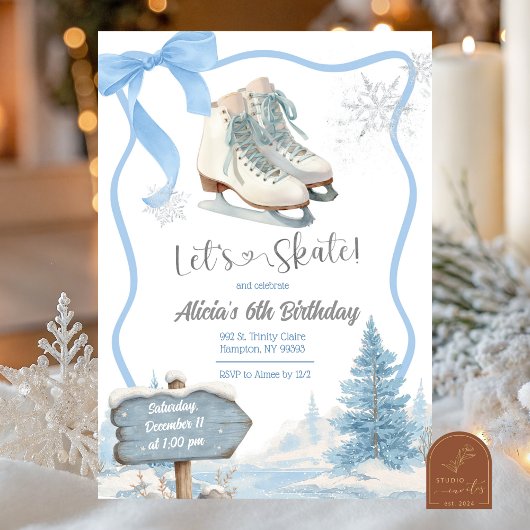 Bow Coquette Blue Girl Let's Skate Birthday Einladung