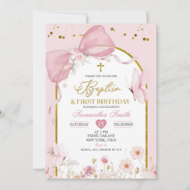 Bow Coquette Blush Pink Baptism & 1st Birthday Einladung