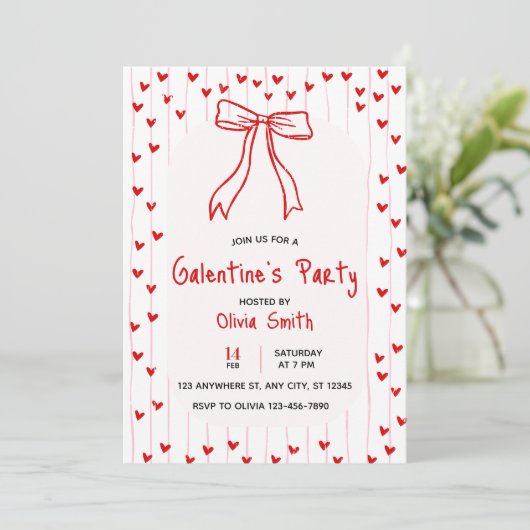 bow coquette galentines party invite , red hearts  einladung (Stehend Vorderseite)
