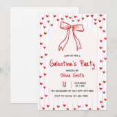bow coquette galentines party invite , red hearts  einladung (Vorne/Hinten)