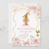 Bow Coquette Pink Butterfly First Birthday Einladung (Vorderseite)