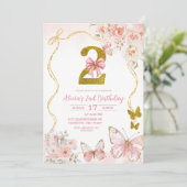 Bow Coquette Pink Butterfly Second Birthday Einladung (Stehend Vorderseite)