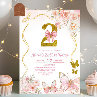 Bow Coquette Pink Butterfly Second Birthday Einladung