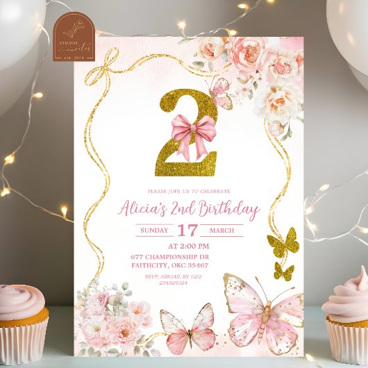 Bow Coquette Pink Butterfly Second Birthday Einladung