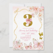 Bow Coquette Pink Butterfly Third Birthday Einladung (Vorderseite)