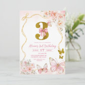 Bow Coquette Pink Butterfly Third Birthday Einladung (Stehend Vorderseite)