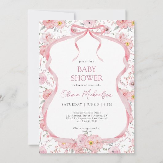 Bow Coquette Pink Floral Ribbon Girl Babydusche Einladung (Vorderseite)