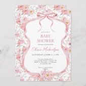 Bow Coquette Pink Floral Ribbon Girl Babydusche Einladung (Vorne/Hinten)