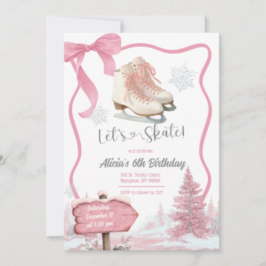 Bow Coquette Pink Girl Let's Skate Birthday Einladung (Vorderseite)