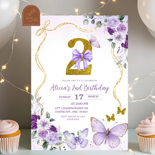 Bow Coquette Purple Butterfly Second Birthday Einladung