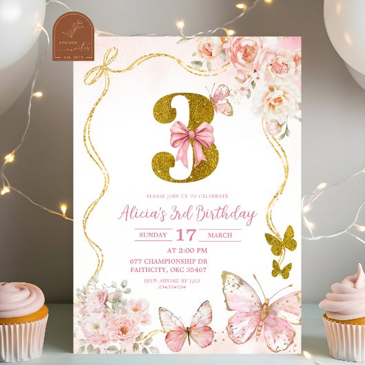 Bow Coquette Rosa Schmetterling Dritter Geburtstag Einladung