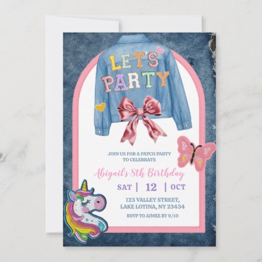 Bow Denim Jacket Patch Party Birthday Einladung (Vorderseite)