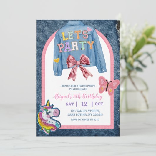 Bow Denim Jacket Patch Party Birthday Einladung (Stehend Vorderseite)
