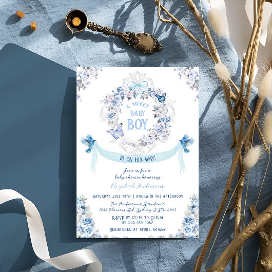 Bow Dusty Floral Wappen Sweet Baby Boy Babydusche Einladung