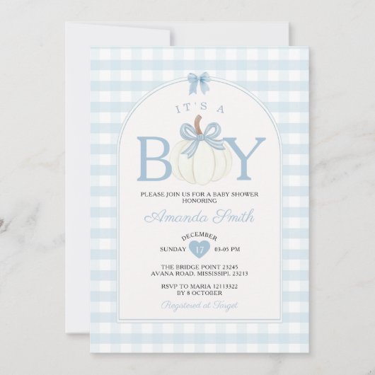 Bow Es ist ein Junge Kürbis-Baby-Party Blau Gingha Einladung (Vorderseite)