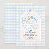 Bow Es ist ein Junge Kürbis-Baby-Party Blau Gingha Einladung (Vorne/Hinten)