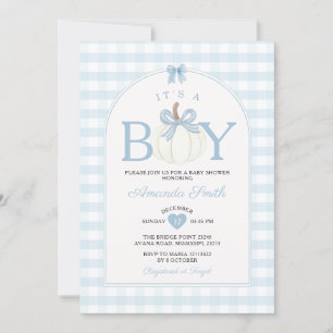 Bow Es ist ein Junge Kürbis-Baby-Party Blau Gingha Einladung
