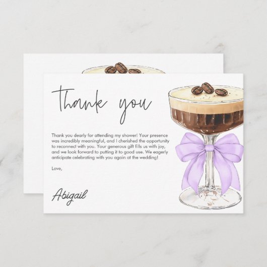 Bow Espresso Martini Brautparty Vielen Dank Begleitkarte (Vorne/Hinten)