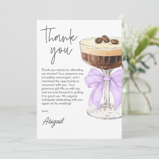 Bow Espresso Martini Brautparty Vielen Dank Dankeskarte (Stehend Vorderseite)