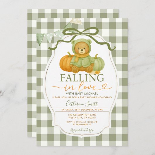 Bow Fall in Liebe Bear Pumpkin Baby Dusche Gingham Einladung (Vorne/Hinten)