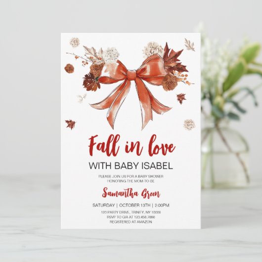 Bow Fall in Liebe mit Baby-Dusche Einladung (Stehend Vorderseite)