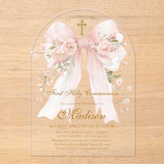 Bow First Holy Communion Girl - Boho Arch Acryleinladungen (Vorderseite)