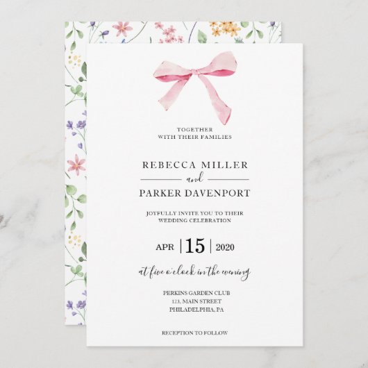 Bow floral elegante trendy Wedding Einladung (Vorne/Hinten)