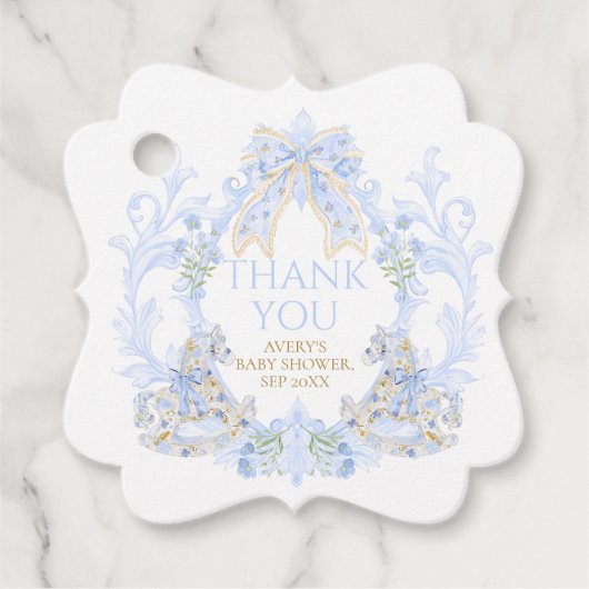 Bow Floral Wappen Rustic Blue Boy Baby Dusche Geschenkanhänger (Vorderseite)