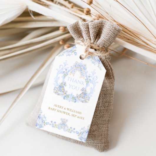 Bow Floral Wappen Rustic Blue Boy Baby Dusche Geschenkanhänger