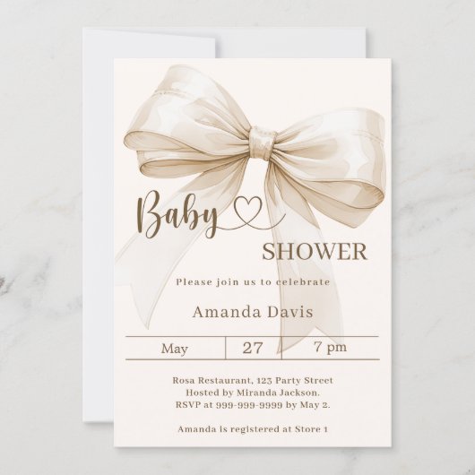 Bow gender neutral beige ivory Baby Shower Einladung (Vorderseite)