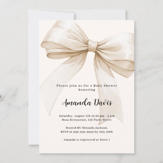 Bow geschlechtsneutral beige Babydusche Einladung (Vorderseite)