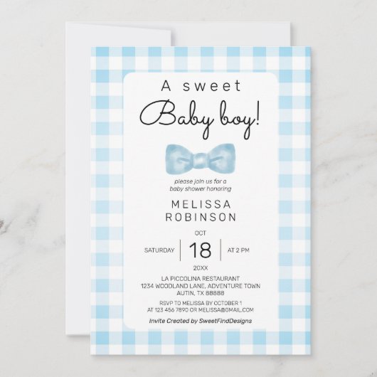 Bow Gingham Baby Boy Shower Einladung (Vorderseite)