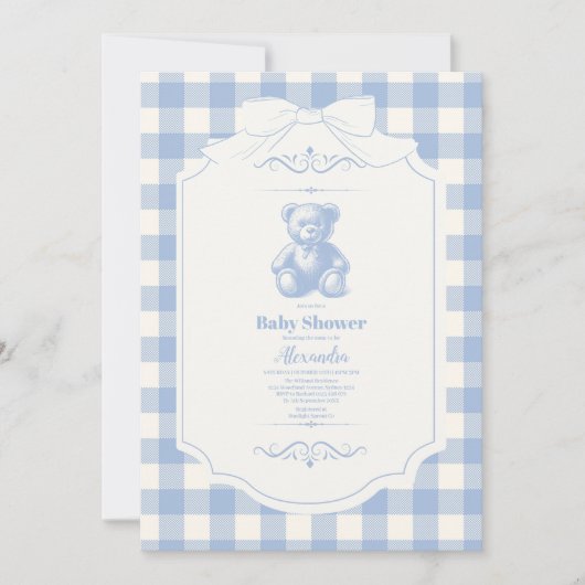 Bow Gingham French Teddy Bear Baby Shower Einladung (Vorderseite)