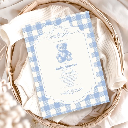 Bow Gingham French Teddy Bear Baby Shower Einladung