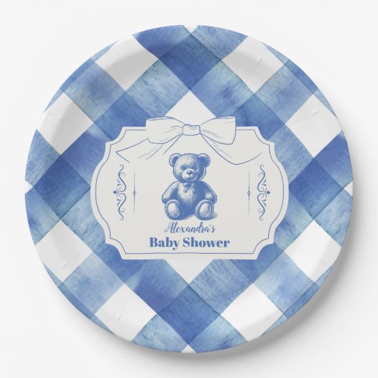 Bow Gingham French Teddy Bear Baby Shower Pappteller (Vorderseite)