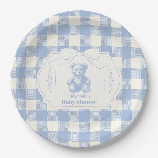 Bow Gingham French Teddy Bear Baby Shower Pappteller (Vorderseite)