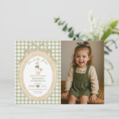 Bow Gingham One Silly Goose 1st Birthday Photo Einladung (Stehend Vorderseite)