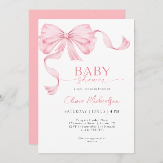 Bow Girl Pink Ribbon Coquette Elegant Babydusche Einladung (Vorne/Hinten)