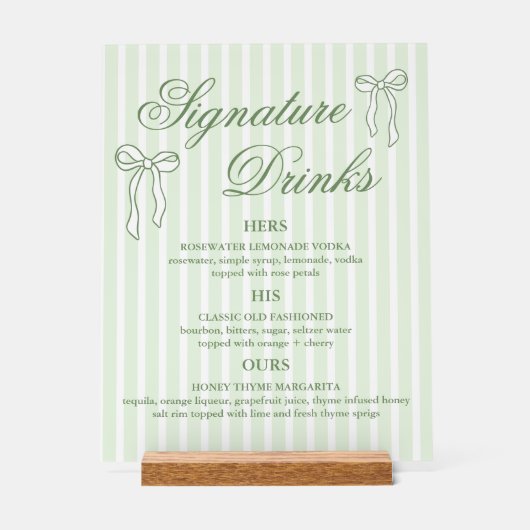 Bow Green Wedding Signature Drinks Cocktails Acrylschild (Vorderseite)