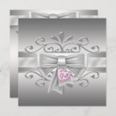 Bow Heart Charm Pink Silver Baby Girl Dusche Einladung (Vorne/Hinten)