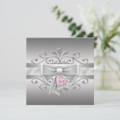 Bow Heart Charm Pink Silver Baby Girl Dusche Einladung (Stehend Vorderseite)
