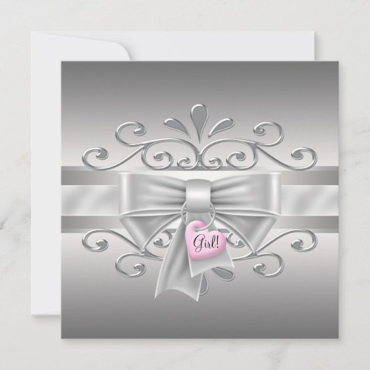 Bow Heart Charm Pink Silver Baby Girl Dusche Einladung (Vorderseite)